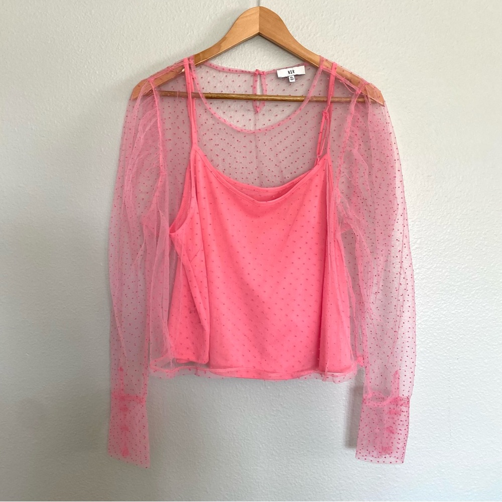 PINK double layer tank top with long sleeve polkadot sheer tulle crop top